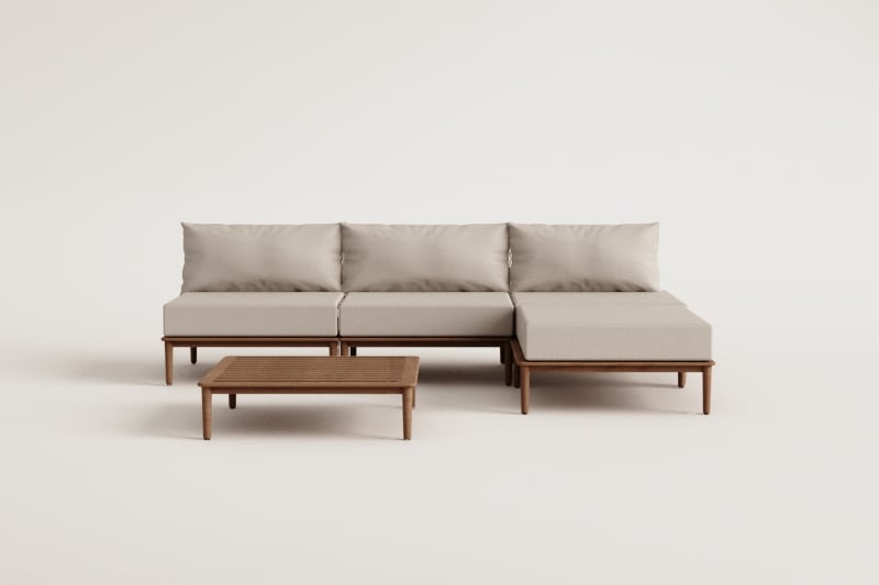 Ensemble de salon avec canapé modulable 3 pièces, table basse et pouf en bois d'acacia Giulia