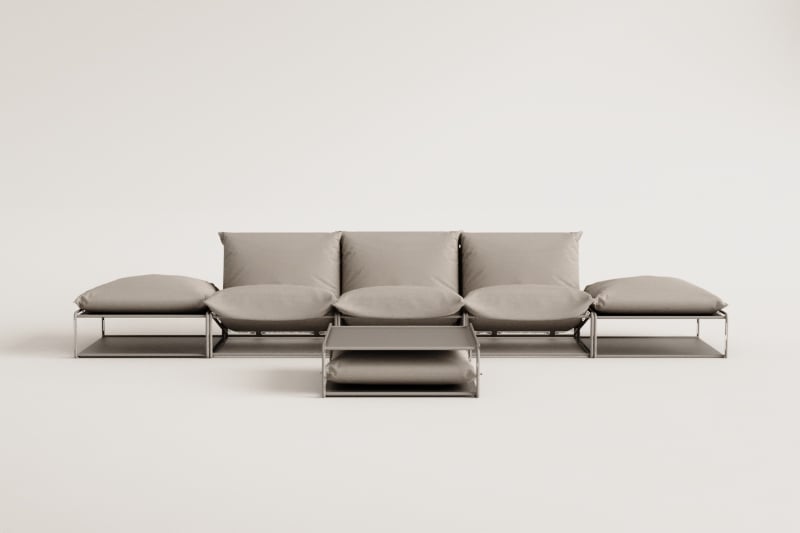 Ensemble de jardin avec canapé modulaire 3 pièces, table d'appoint et 2 poufs convertibles Amaro