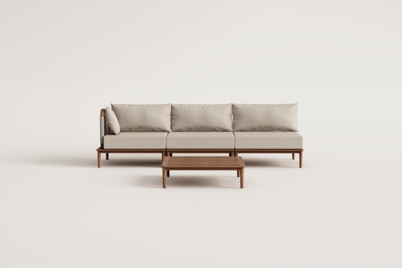 Ensemble de salon avec canapé d'angle modulaire 3 pièces et table basse en acacia Giulia