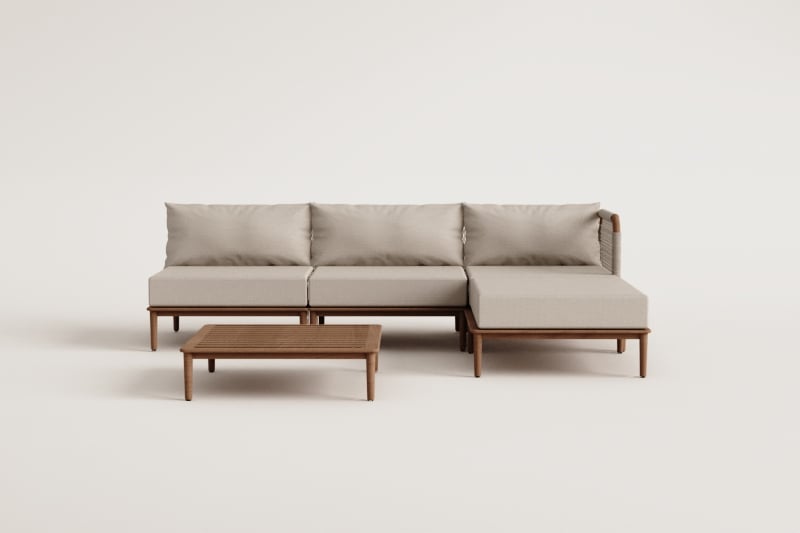 Ensemble de salon avec canapé d'angle modulable 3 pièces, table basse et pouf en bois d'acacia Giulia   