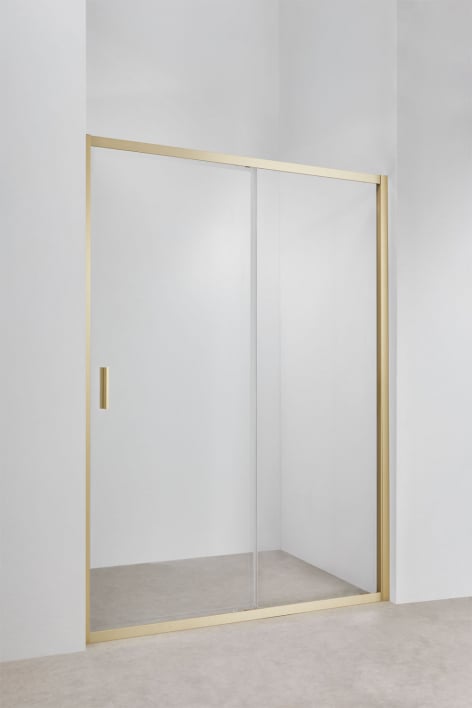 Paroi de douche 140x195 cm porte coulissante soft closing, verre trempé 6 mm et aluminium doré brossé Dover