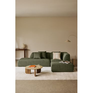 Canapé d'angle modulable Cardea 2 pièces avec méridienne gauche et pouf rembourré