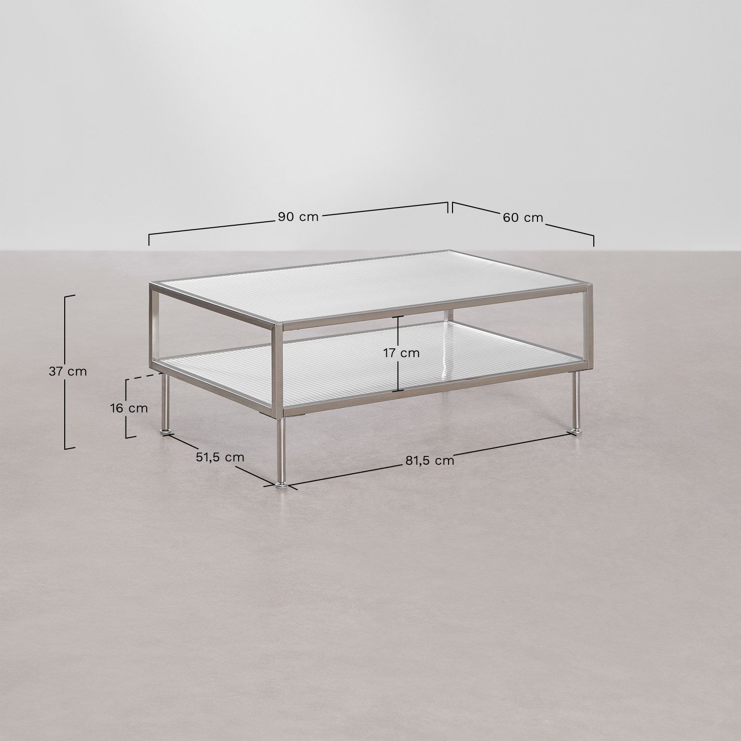 Table basse rectangulaire en acier et verre Paoline, mesures