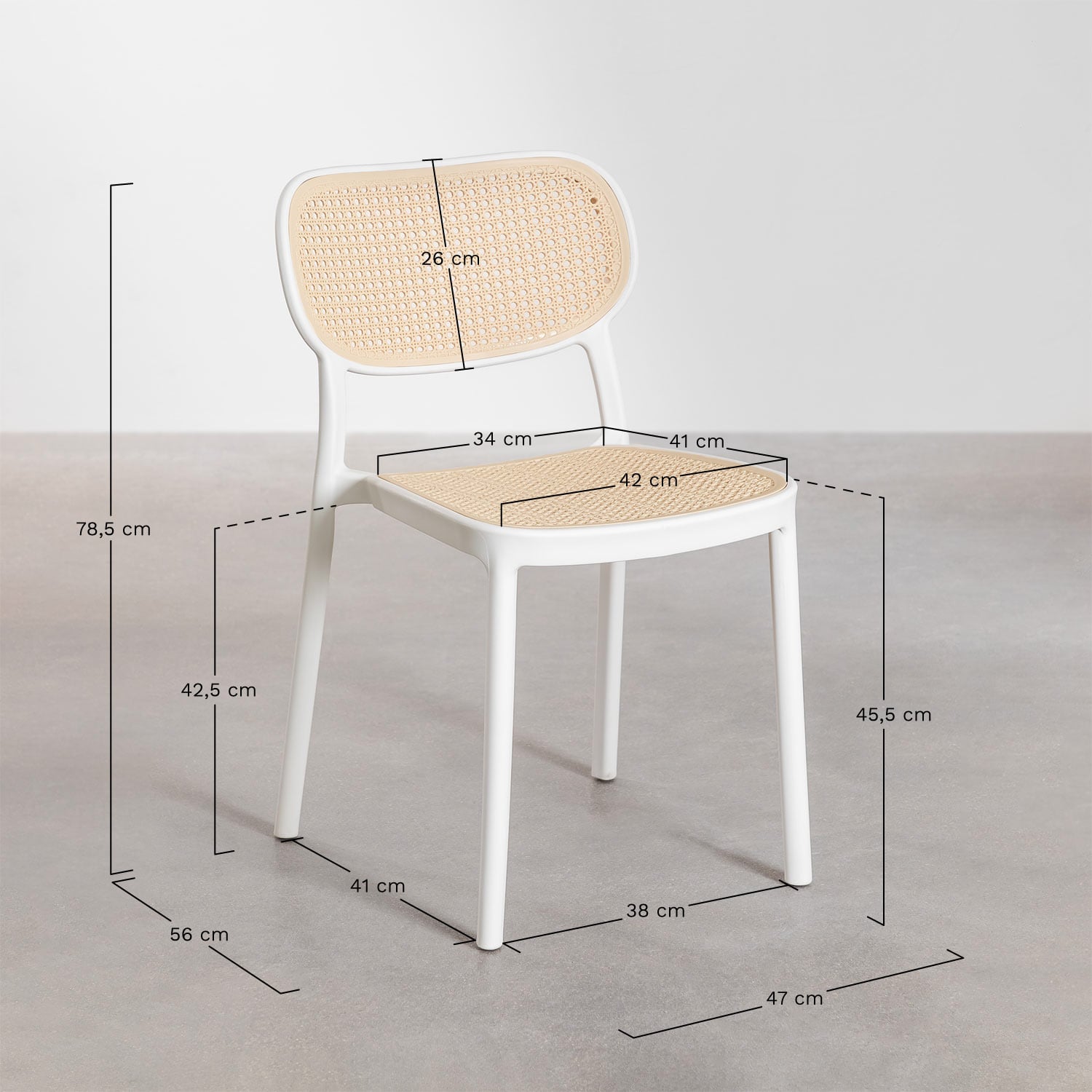 Set de table rectangulaire 180x100 cm Arnadine et 6 chaises de jardin empilables en polypropylène Omara, mesures