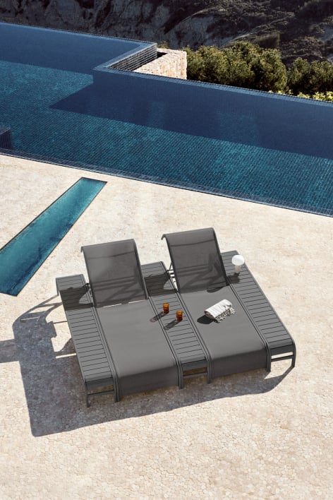 Set de 2 chaises longues inclinables et 3 tables d'appoint en acier Marietta - Gris Graphite