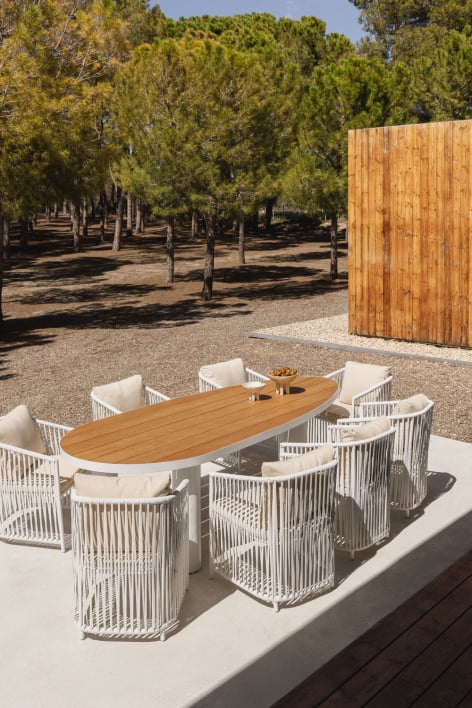 Ensemble de table ovale Taneli, 260x110 cm, en aluminium et bois de teck, et 8 chaises de jardin Sophie, en aluminium et corde t