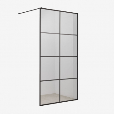 Paroi De Douche Fixe Avec Décor À Carreaux, Verre Trempé 8 Mm Et Aluminium Camden Noir Mate & Transparent & 90 X 195 Cm - Sklum