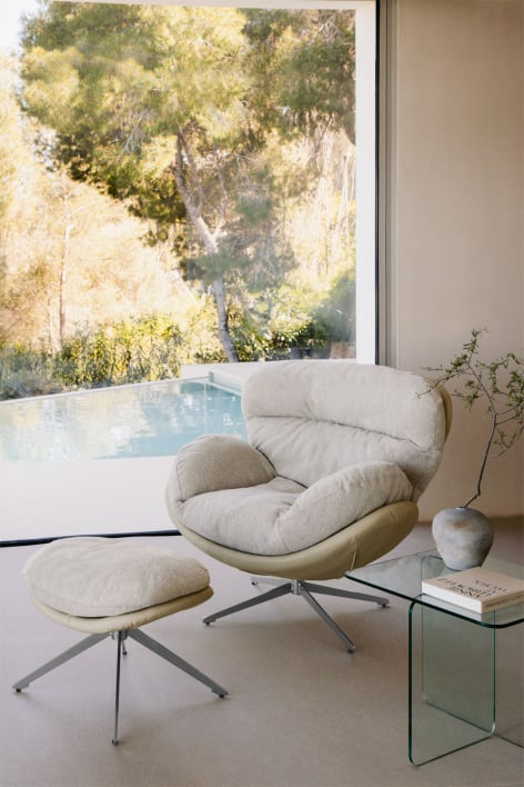 Fauteuil Amanda en tissu bouclé avec repose-pieds pivotant -  Tissu Bouclé Blanc Cassé