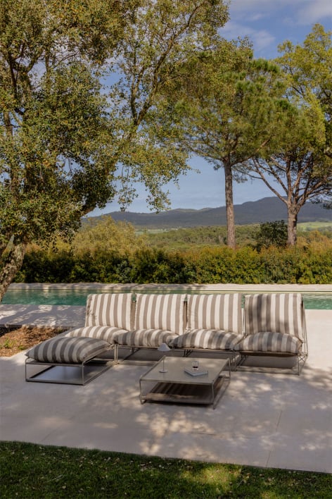 Ensemble de jardin avec canapé modulaire 4 pièces, table d'appoint et pouf convertibles Amaro