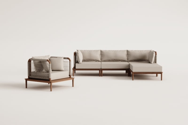 Ensemble de salon avec canapé modulaire de 3 pièces avec 2 fauteuils d'angle, pouf et fauteuil en acacia Giulia