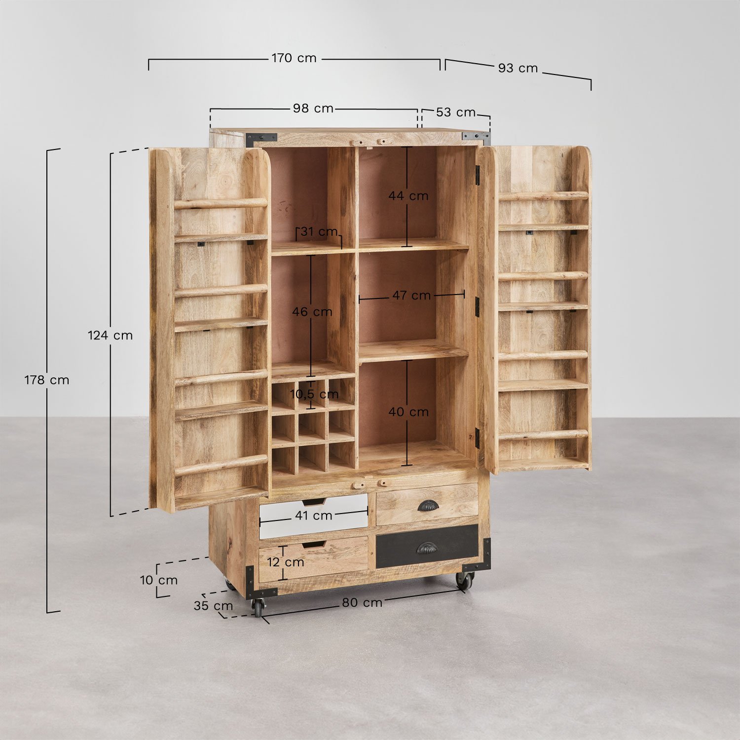 Meuble bar en bois Tombol, mesures