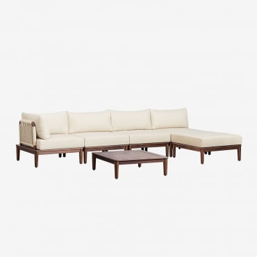 Ensemble De Salon Avec Canapé D'angle Modulaire De 4 Pièces, Table Basse Et Pouf En Acacia Giulia Beige Crème - Sklum