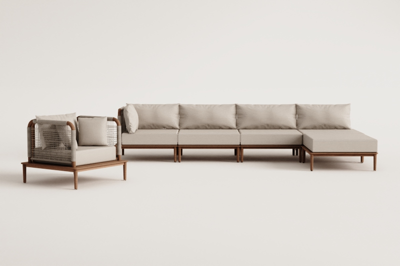 Ensemble de salon avec canapé d'angle modulaire de 4 pièces avec pouf et fauteuil en acacia Giulia