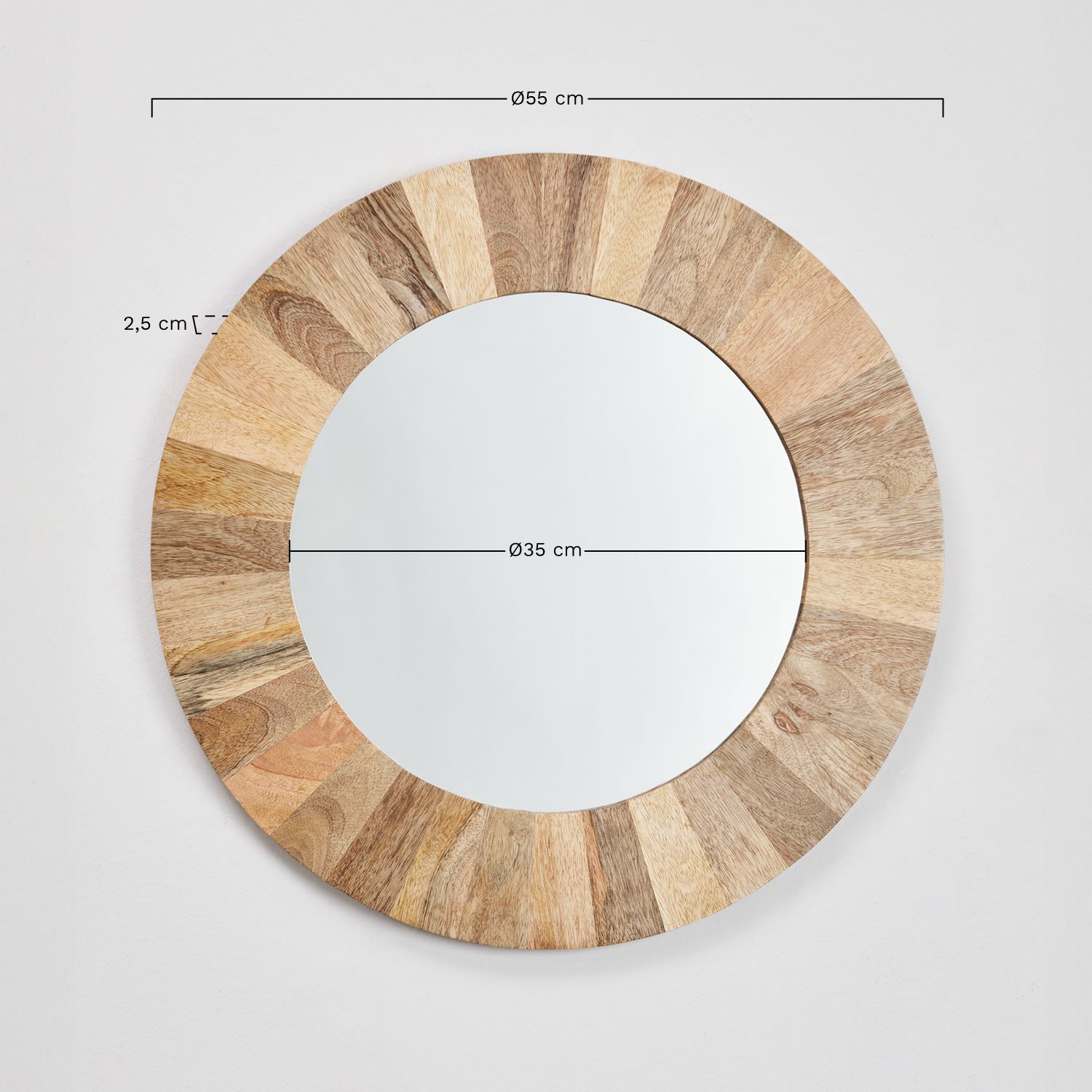Miroir mural rond Ø55 cm en bois de manguier Lanzarote, mesures