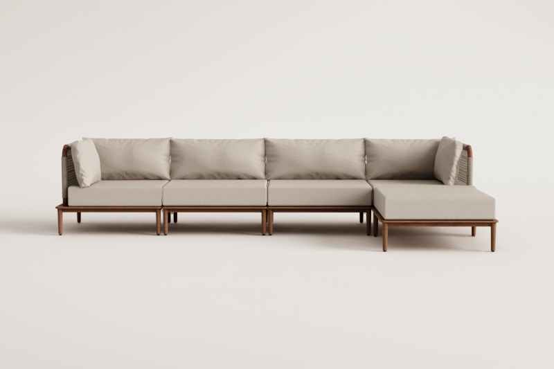 Canapé modulaire de 4 pièces avec 2 fauteuils d'angle et pouf en acacia Giulia
