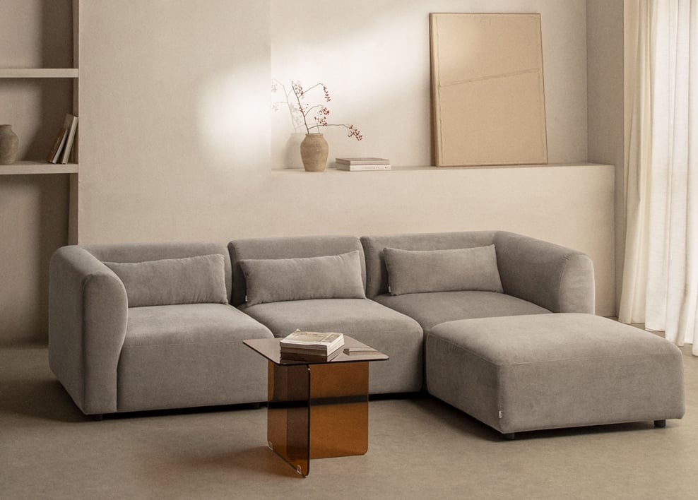 Canapé modulable 3 pièces Fogler avec pouf - Velours Côtelé Gris Taupe Clair