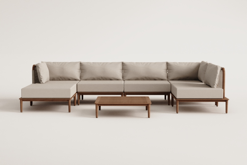 Ensemble de salon avec canapé d'angle modulable 5 pièces, table basse et pouf en acacia Giulia