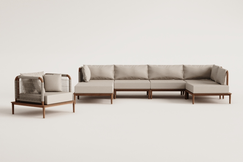 Ensemble de salon avec canapé d'angle modulaire 5 pièces avec pouf et fauteuil en acacia Giulia