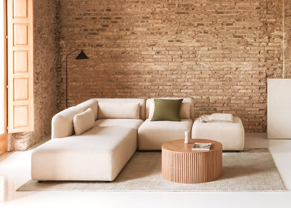 Canapé d'angle modulable 3 pièces avec méridienne gauche et pouf Fogler - Chenille Beige crème