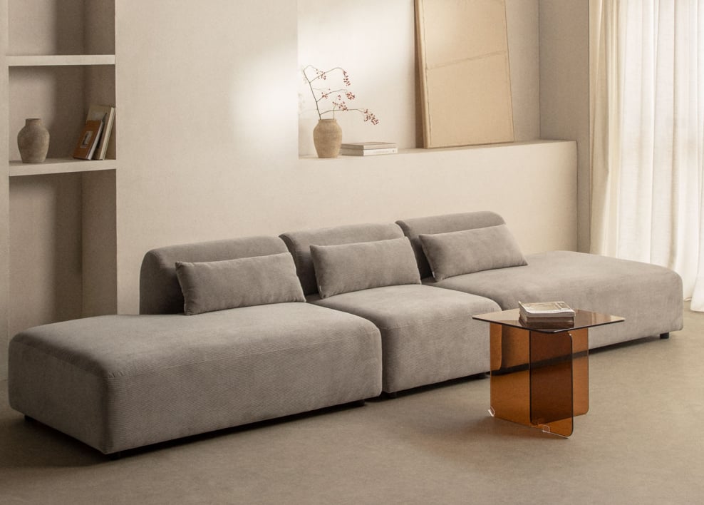 Canapé modulaire à méridienne double Fogler 3 pièces - Velours Côtelé Gris Taupe Clair