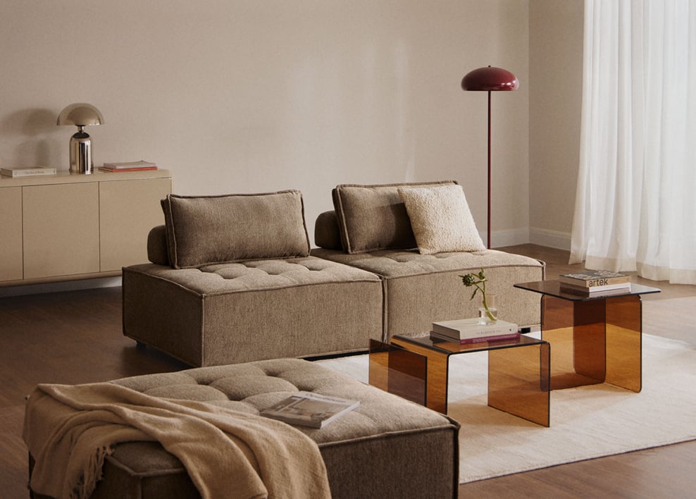 Canapé modulable 2 pièces et pouf en tissu Vermont - Tissu Brun Sable