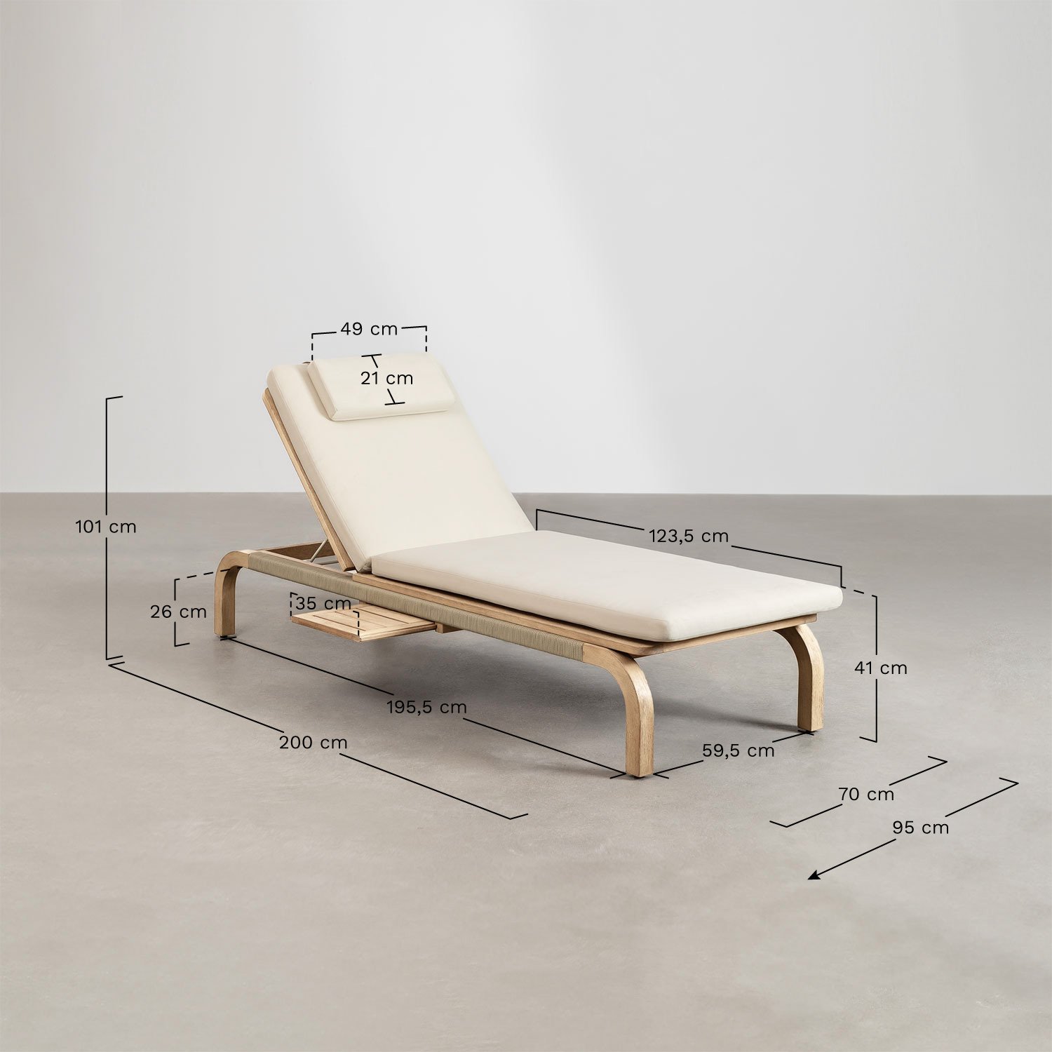 Chaise longue inclinable en bois d'acacia avec coussin Dubai, mesures