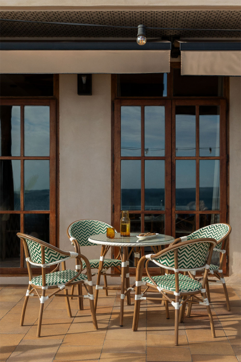 Ensemble de bistrot Brielle composé d'une table ronde de 80 cm et de 4 chaises de jardin empilables en aluminium avec accoudoirs - Vert Choux - Blanc Gardenia