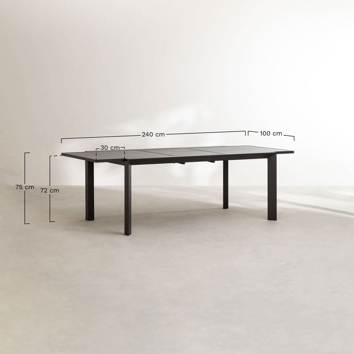 Ensemble de table extensible rectangulaire Starmi, 180-240x100 cm, en aluminium et 6 chaises de jardin Eika., mesures