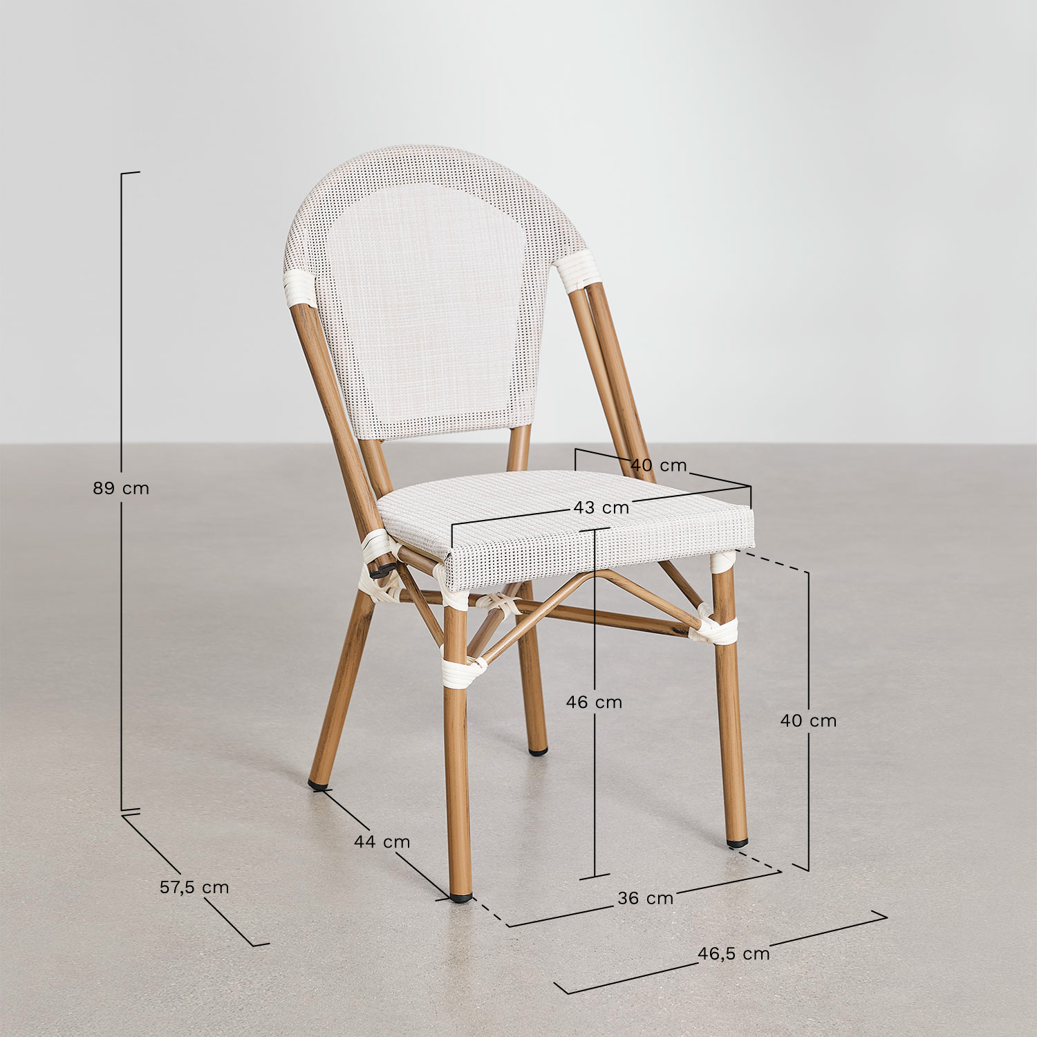 Ensemble table ronde Brielle Bistro (80 cm de diamètre) et 4 chaises de jardin empilables en aluminium, mesures