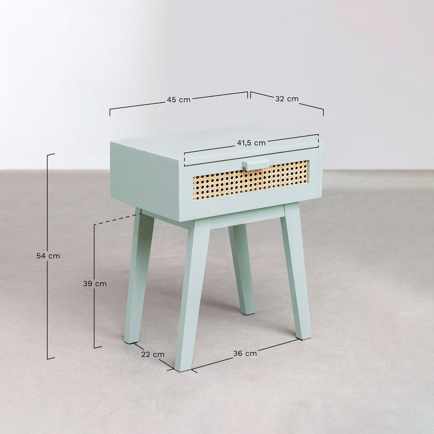 Table de chevet design Ralik Colors avec tiroir en bois, mesures