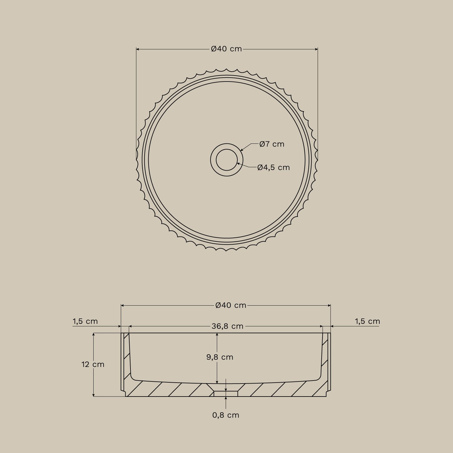 Évier rond Ø40 cm en ciment Kazbek, mesures