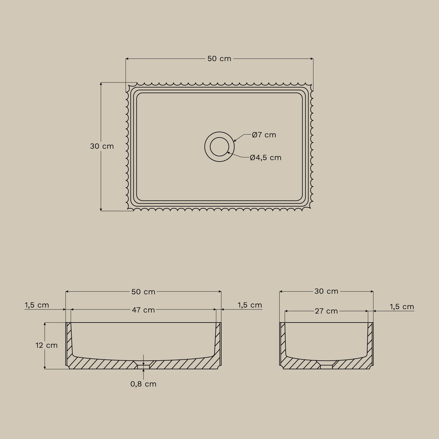Vasque rectangulaire 50x30 cm en ciment Tetnu, mesures