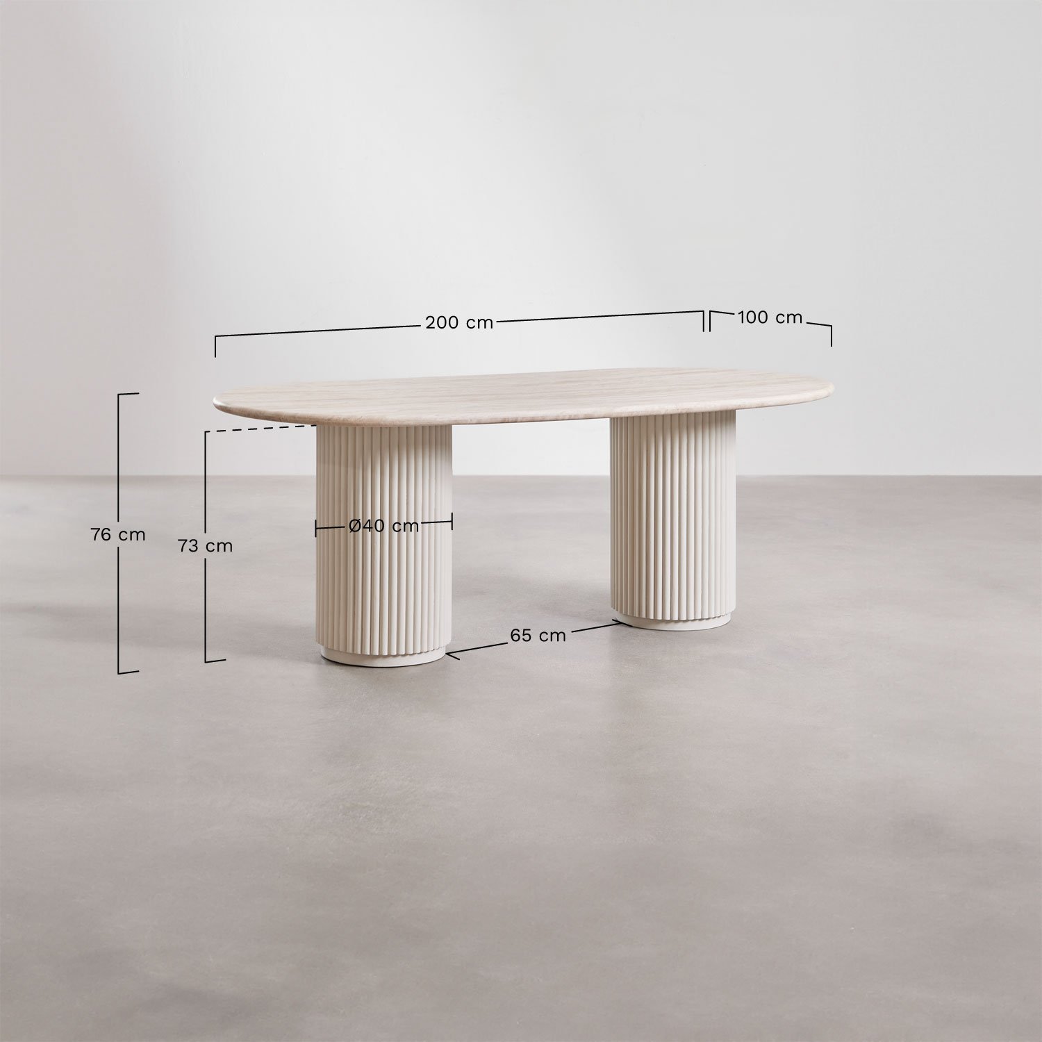 Table à manger ovale 200x100 cm en pierre naturelle et bois de manguier Giselda, mesures