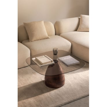 Table basse carrée 80x80 cm en bois de manguier et verre trempé Mariana