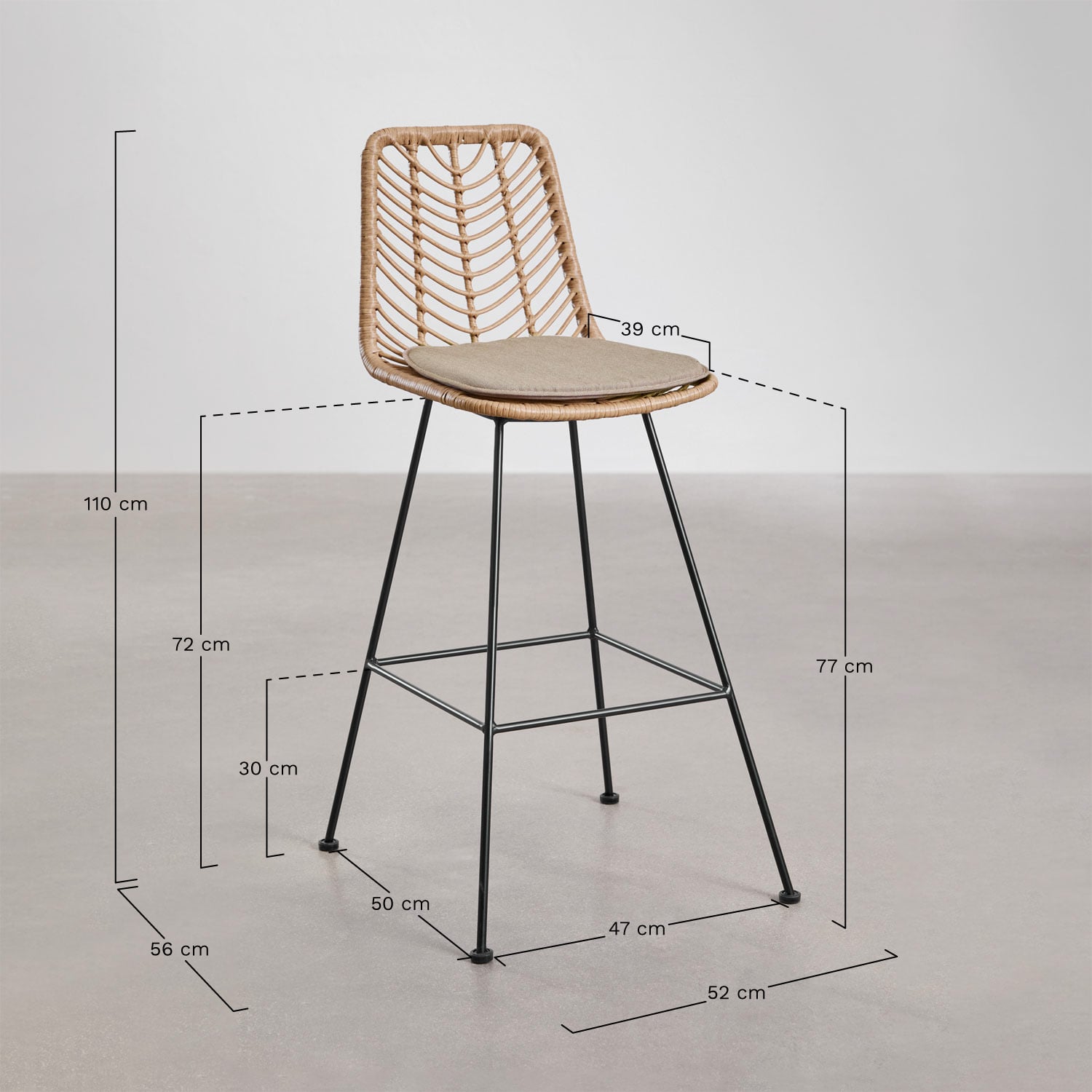 Lot de 2 tabourets de jardin hauts en rotin synthétique Gouda Natural, mesures