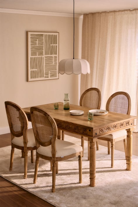 Set de table rectangulaire 160x90 cm en bois de manguier Taraz et 4 chaises de salle à manger en tissu Sunna