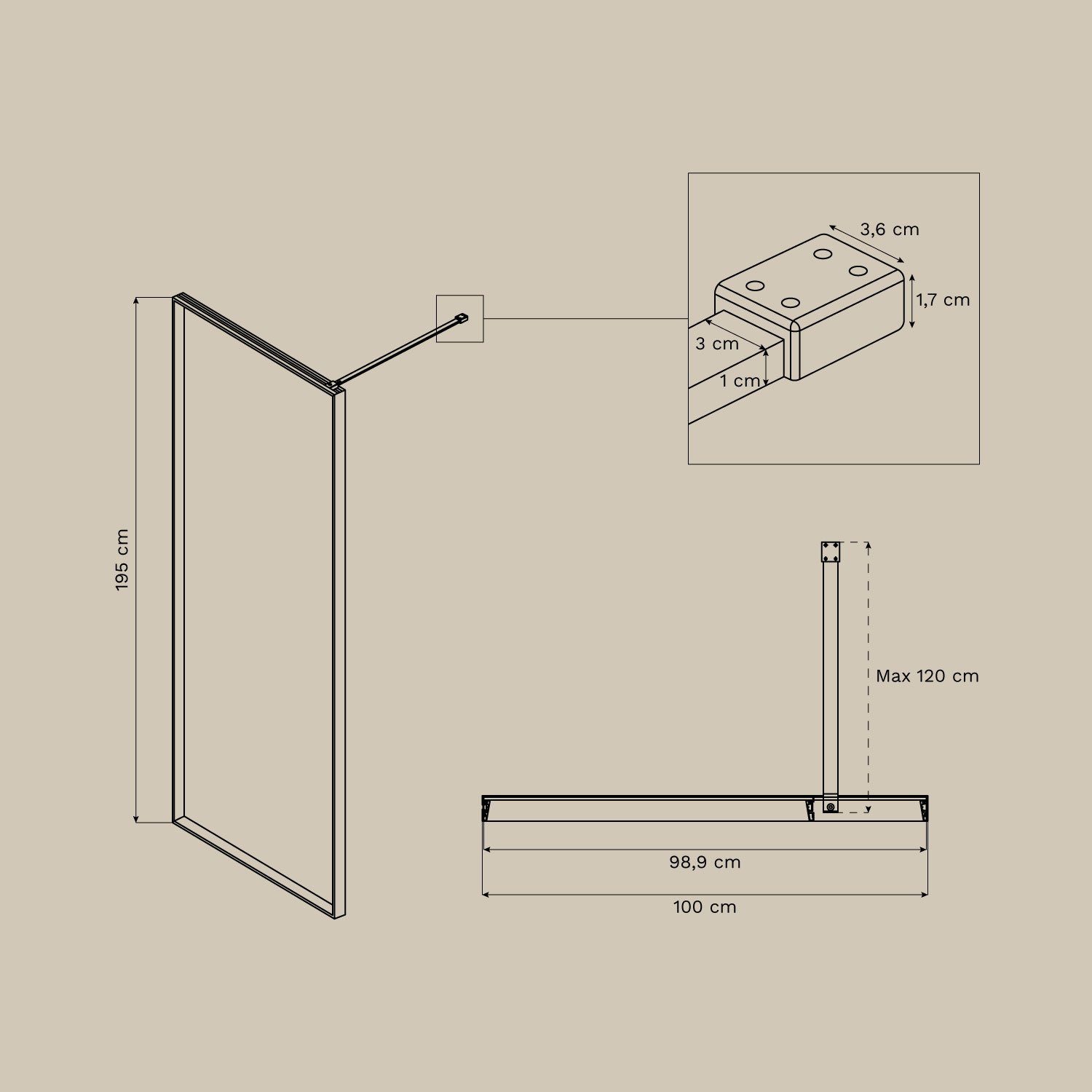 Paroi de douche fixe en verre trempé de 5 mm et aluminium Trafalgar, mesures
