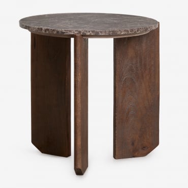 Table De Chevet Ronde Lavinia, Ø50 Cm, En Pierre Naturelle Et Bois De Manguier Marbre Brun & Bois Foncé - Sklum