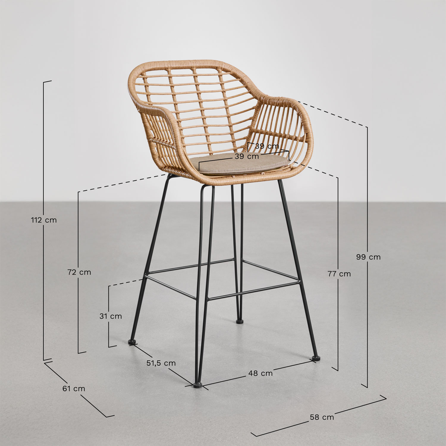 Lot de 4 tabourets de jardin hauts en osier synthétique Zole, mesures