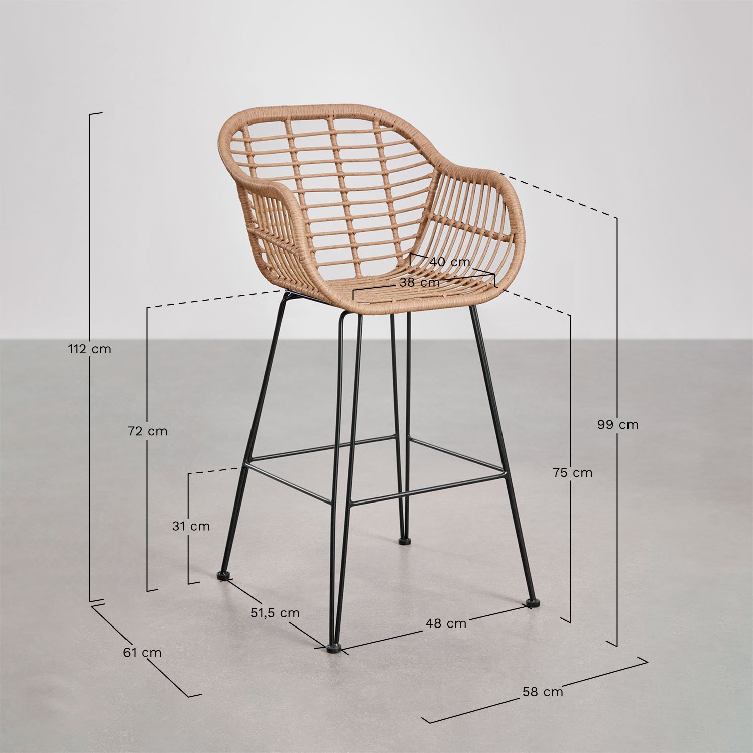 Tabouret haut Zole en osier synthétique, mesures