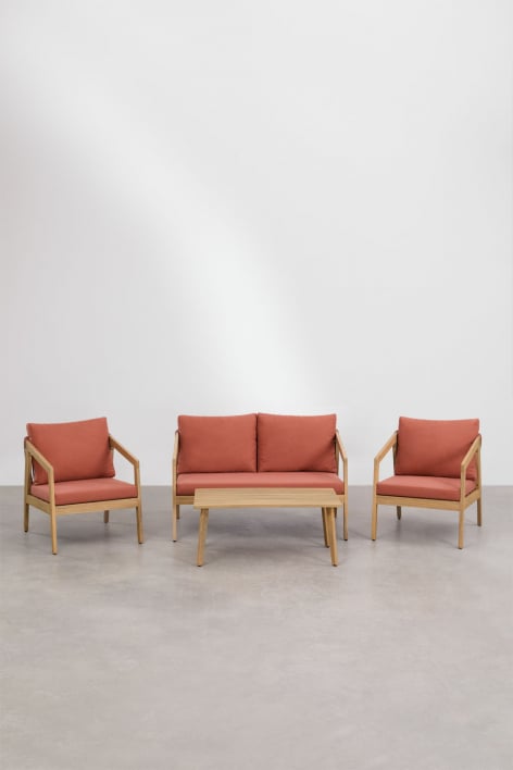 Ensemble de salon avec canapé 2 places, 2 fauteuils et table basse en bois d'acacia et corde tressée Kaela