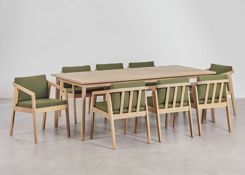Set de table rectangulaire 220x100 cm et 8 chaises de salle à manger en bois d'acacia Kaela - Bouclé Vert Sauge
