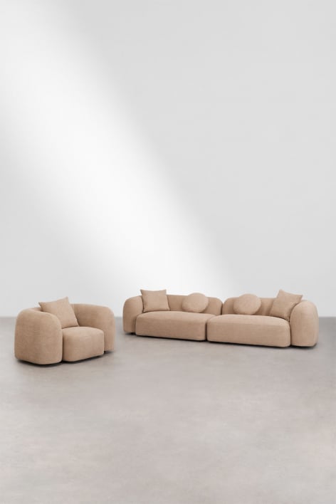 Ensemble de salon avec canapé modulaire 2 pièces et fauteuil en chenille Coco - Chenille Épaisse Marron Latte