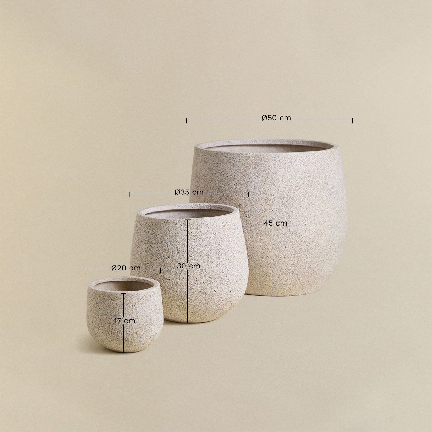 Ensemble de 3 pots de jardin Ø20 cm / Ø35 cm / Ø50 cm en polystone Ugor, mesures