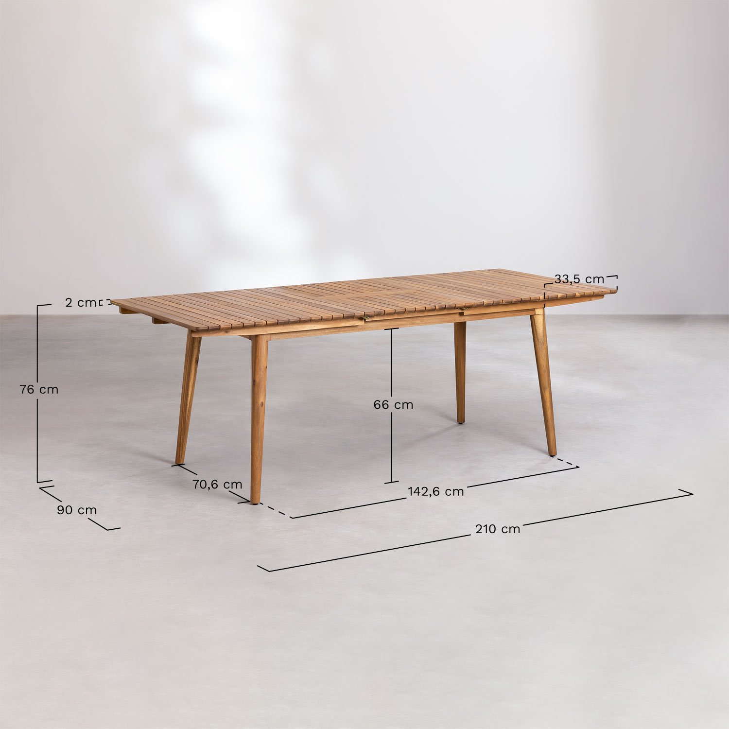 Table de salle à manger rectangulaire 160-210x90 cm extensible en bois d'acacia Tenay, mesures