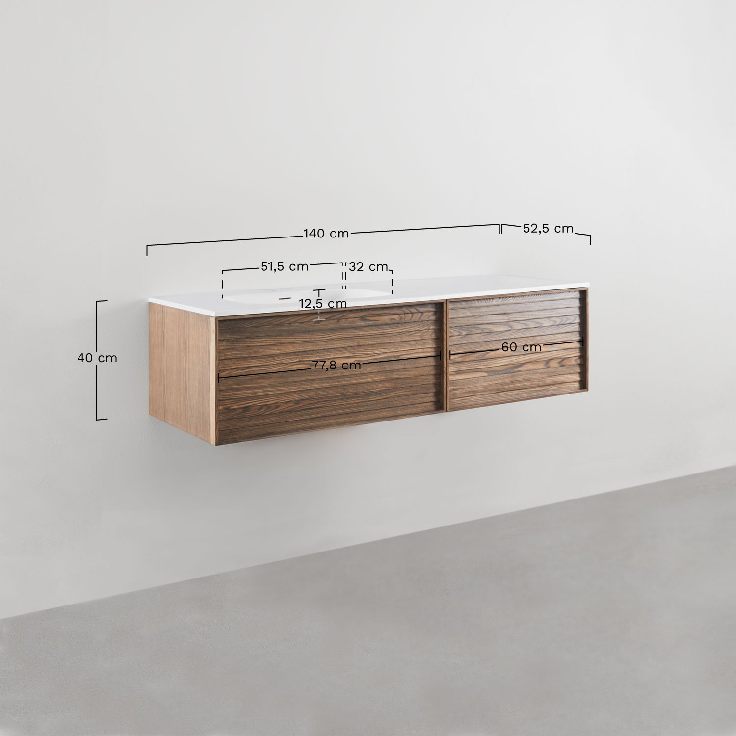 Ensemble meuble de salle de bain en bois Solea avec lavabo intégré, mesures