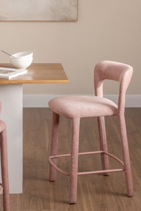 Tabouret haut 65 cm avec dossier en tissu chenille rose quartz Brusel