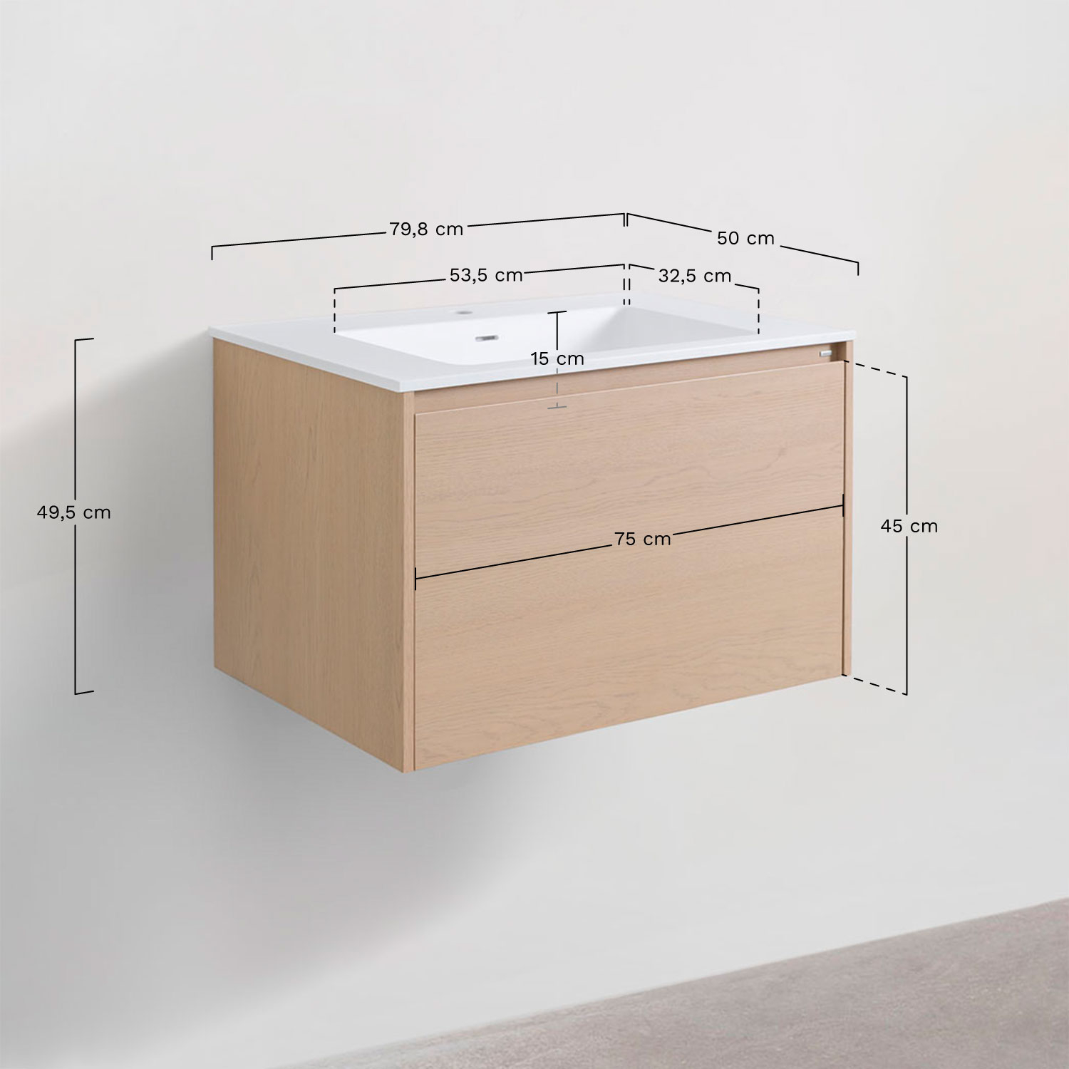 Ensemble de meuble de salle de bain en bois avec lavabo intégré Jacob, mesures