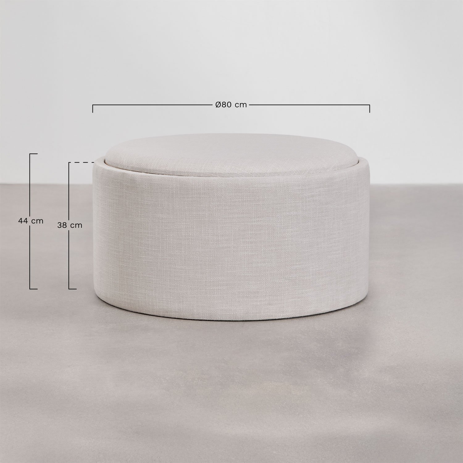 Pouf rond rembourré Berkeleni avec plateau et rangement, mesures