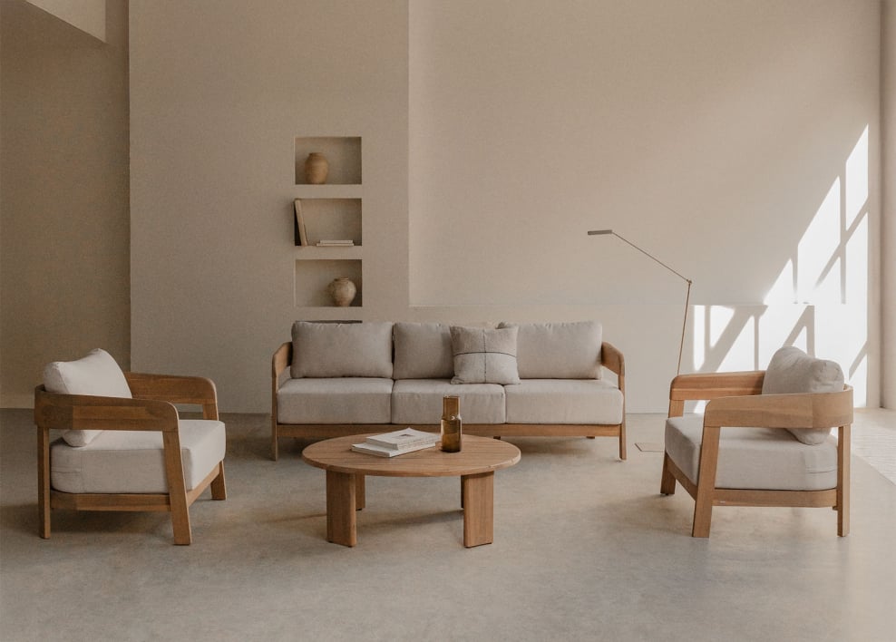 Ensemble de salon avec canapé 3 places, 2 fauteuils et table basse en bois d'acacia Uleno